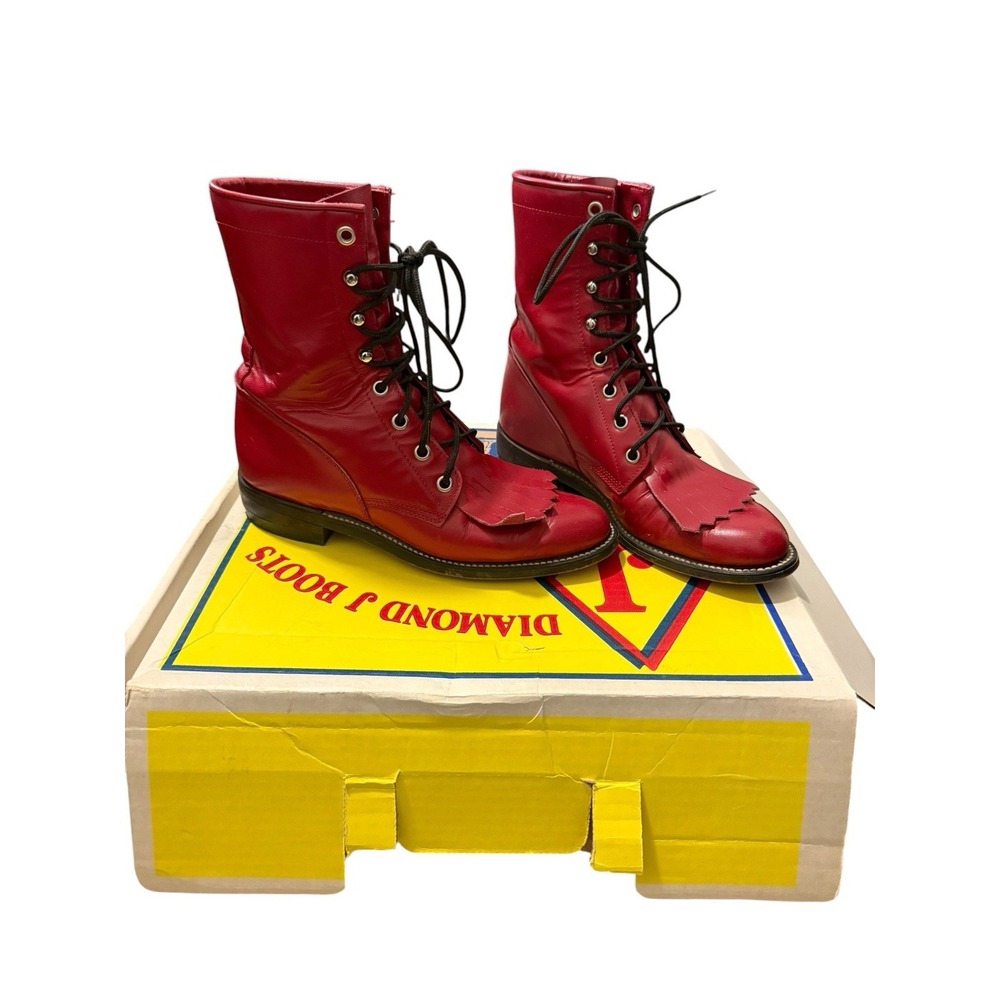 Vintage 90s Justin Red Kipskin Lace Up Kiltie Roper Boots 5.5B Women Western